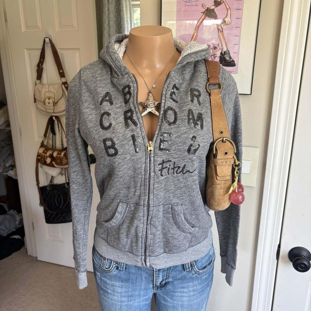 y2k 2000s Abercrombie & Fitch spellout gray sequin logo zip up hoodie